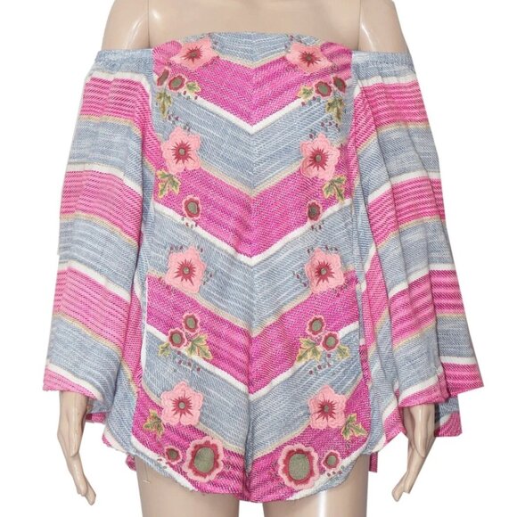 Free People |Shanti Playsuit Stripe Floral | Embroidered Off The Shoulder Romper - Picture 3 of 4